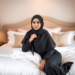 A beautiful hijab-clad woman in a stylish and modest outfit, striking a confident pose on a luxurious bed