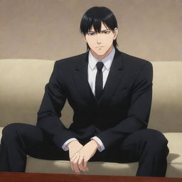 Anime character portrayal of a giant masculine figure with short mullet hair, wearing a black suit, sitting on a couch. The character's significant physique should be a prominent feature.