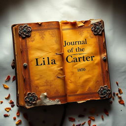 A large, rot and decay-covered journal from the year 1850 that occupies the entire image, prominently titled 'Journal of Lila Carter'