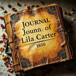 A large, rot and decay-covered journal from the year 1850 that occupies the entire image, prominently titled 'Journal of Lila Carter'