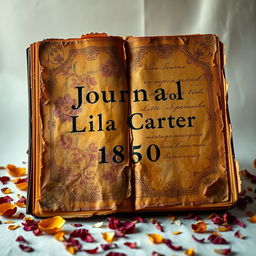 A large, rot and decay-covered journal from the year 1850 that occupies the entire image, prominently titled 'Journal of Lila Carter'