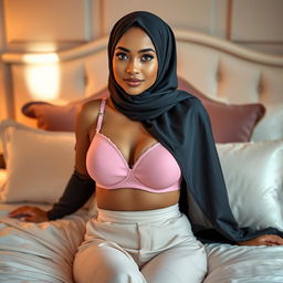 A stylish hijab-clad woman wearing a fashionable pink bra, confidently posing on a luxurious bed