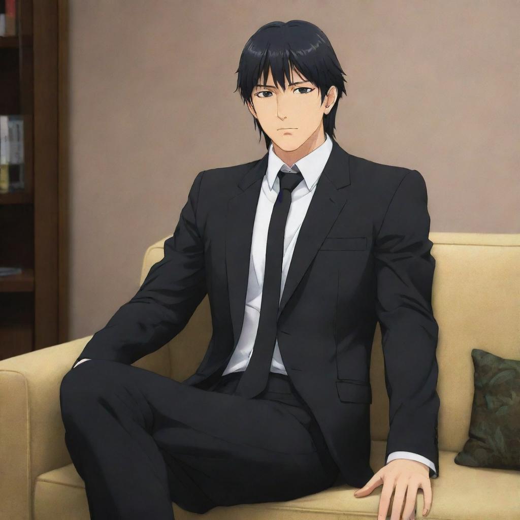 Anime character portrayal of a giant masculine figure with short mullet hair, wearing a black suit, sitting on a couch. The character's significant physique should be a prominent feature.