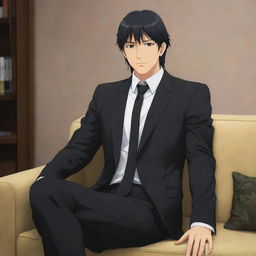 Anime character portrayal of a giant masculine figure with short mullet hair, wearing a black suit, sitting on a couch. The character's significant physique should be a prominent feature.