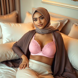 A stylish hijab-clad woman wearing a fashionable pink bra, confidently posing on a luxurious bed