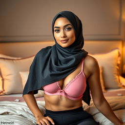 A stylish hijab-clad woman wearing a fashionable pink bra, confidently posing on a luxurious bed