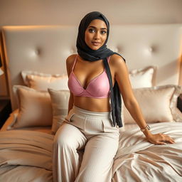 A stylish hijab-clad woman wearing a fashionable pink bra, confidently posing on a luxurious bed