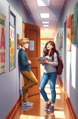 A heartwarming college romance scene set in a vibrant university hallway, where a charming blonde guy is seen casually leaning against the open door of his dormitory