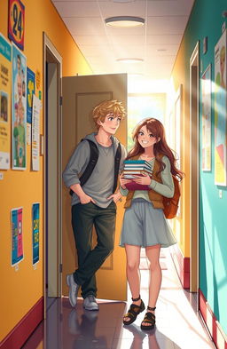 A heartwarming college romance scene set in a vibrant university hallway, where a charming blonde guy is seen casually leaning against the open door of his dormitory