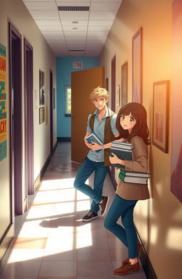 A heartwarming college romance scene set in a vibrant university hallway, where a charming blonde guy is seen casually leaning against the open door of his dormitory