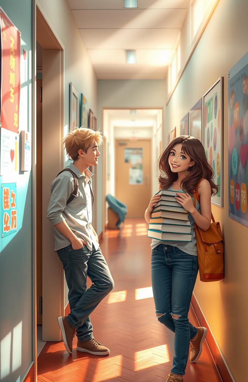 A heartwarming college romance scene set in a vibrant university hallway, where a charming blonde guy is seen casually leaning against the open door of his dormitory