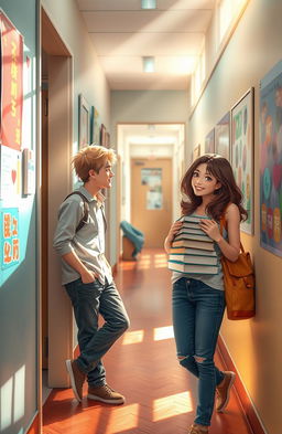 A heartwarming college romance scene set in a vibrant university hallway, where a charming blonde guy is seen casually leaning against the open door of his dormitory