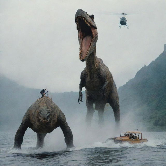 Capture a dramatic scene of Dr. Alan Grant bolting, chased by the enormous Spinosaurus, while the helicopter crew of InGen hastily abandons him on Isla Sorna. The image bristles with their fear and betrayal in the face of the looming threat.