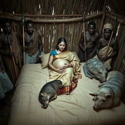 A pregnant Indian woman wearing a saree, resting on a bed inside an African hut