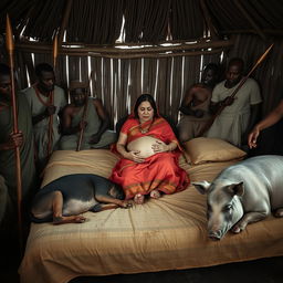 A pregnant Indian woman wearing a saree, resting on a bed inside an African hut