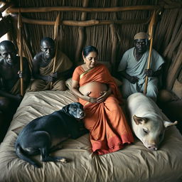 A pregnant Indian woman wearing a saree, resting on a bed inside an African hut