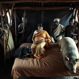 A pregnant Indian woman wearing a saree, resting on a bed inside an African hut