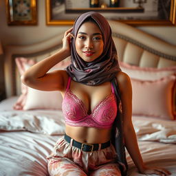 A stunning Chinese woman wearing a fashionable pink bra, confidently and elegantly posing on a lavish bed