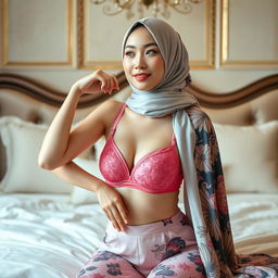 A stunning Chinese woman wearing a fashionable pink bra, confidently and elegantly posing on a lavish bed