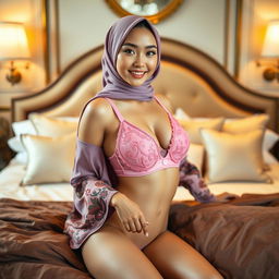 A stunning Chinese woman wearing a fashionable pink bra, confidently and elegantly posing on a lavish bed