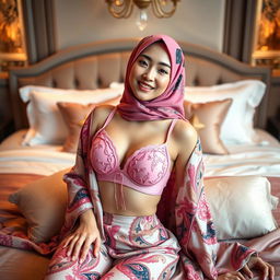 A stunning Chinese woman wearing a fashionable pink bra, confidently and elegantly posing on a lavish bed