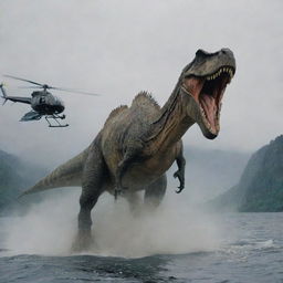 Capture a dramatic scene of Dr. Alan Grant bolting, chased by the enormous Spinosaurus, while the helicopter crew of InGen hastily abandons him on Isla Sorna. The image bristles with their fear and betrayal in the face of the looming threat.