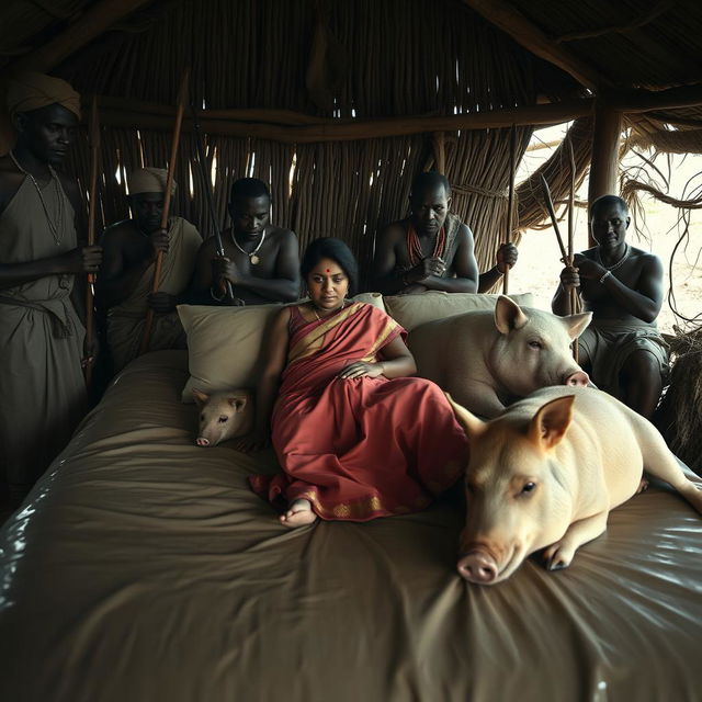 A dusky Indian woman wearing a saree, resting on a bed inside an African hut