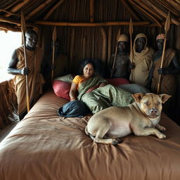 A dusky Indian woman wearing a saree, resting on a bed inside an African hut