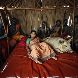 A dusky Indian woman wearing a saree, resting on a bed inside an African hut