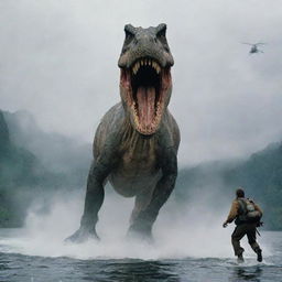 Capture a dramatic scene of Dr. Alan Grant bolting, chased by the enormous Spinosaurus, while the helicopter crew of InGen hastily abandons him on Isla Sorna. The image bristles with their fear and betrayal in the face of the looming threat.