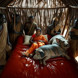 A dusky Indian woman wearing a saree, resting on a bed inside an African hut