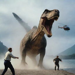 Capture a dramatic scene of Dr. Alan Grant bolting, chased by the enormous Spinosaurus, while the helicopter crew of InGen hastily abandons him on Isla Sorna. The image bristles with their fear and betrayal in the face of the looming threat.