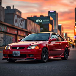 A stunning red Honda Civic EJ1 parked attractively against a backdrop of a vibrant cityscape at sunset