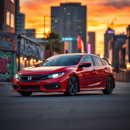 A stunning red Honda Civic EJ1 parked attractively against a backdrop of a vibrant cityscape at sunset