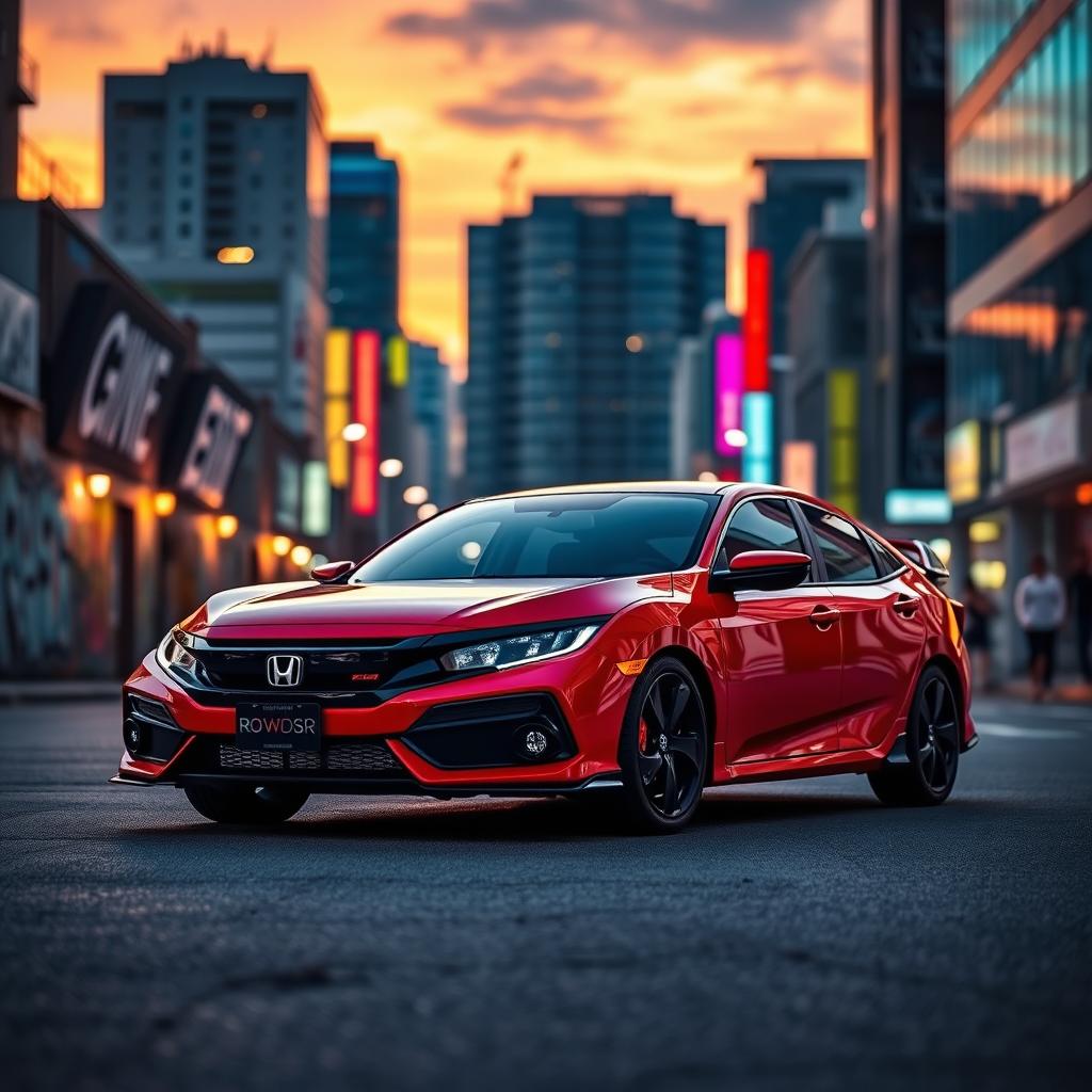 A stunning red Honda Civic EJ1 parked attractively against a backdrop of a vibrant cityscape at sunset