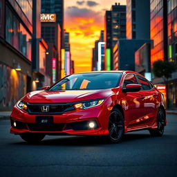 A stunning red Honda Civic EJ1 parked attractively against a backdrop of a vibrant cityscape at sunset