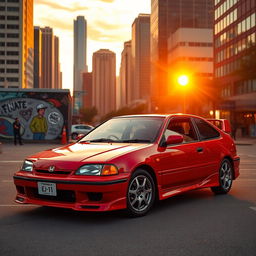 A vibrant red Honda Civic EJ-1 displayed prominently in an urban setting during golden hour