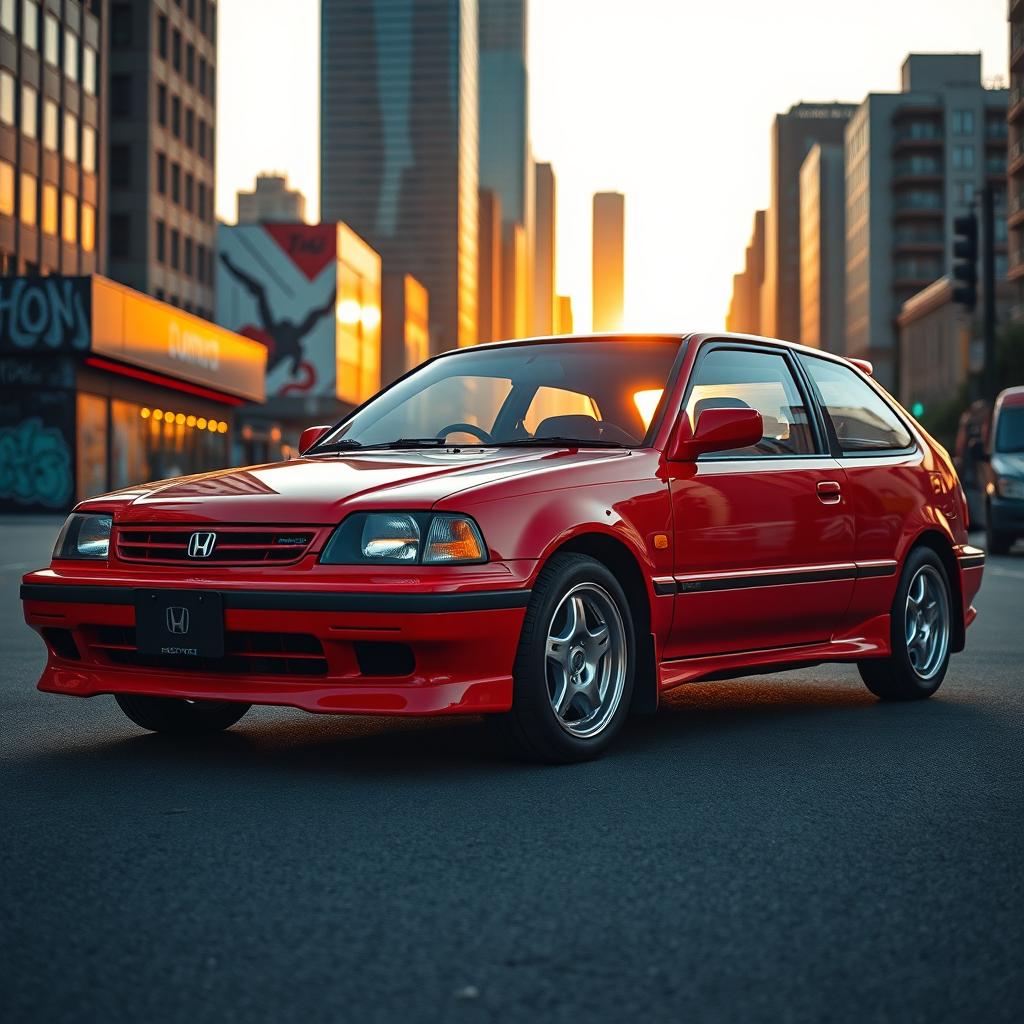 A vibrant red Honda Civic EJ-1 displayed prominently in an urban setting during golden hour