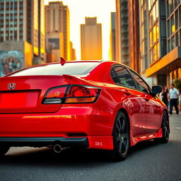 A vibrant red Honda Civic EJ-1 displayed prominently in an urban setting during golden hour