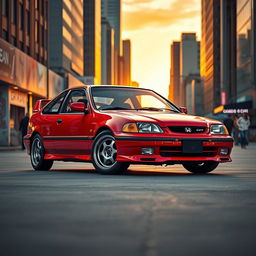 A vibrant red Honda Civic EJ-1 displayed prominently in an urban setting during golden hour