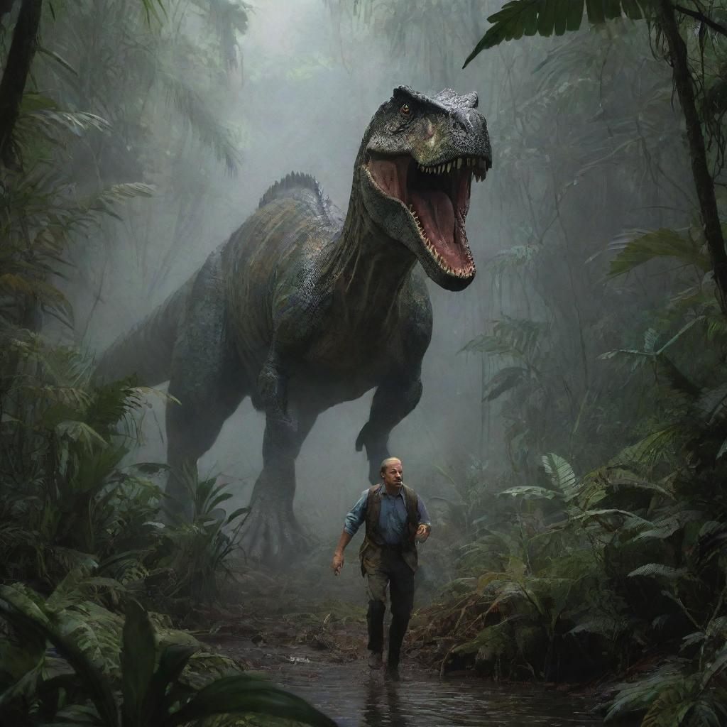 Illustrate a tense image of Dr. Alan Grant, hastily disappearing into the dense jungle of Isla Sorna, barely escaping the pursuing Spinosaurus. The dimly lit, untamed environment underscores the perilous adventure awaiting him.