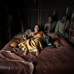 A dusky Indian woman wearing a saree, reclining on a bed inside an African hut