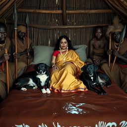 A dusky Indian woman wearing a saree, reclining on a bed inside an African hut