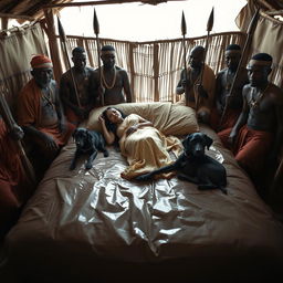 A dusky Indian woman wearing a saree, reclining on a bed inside an African hut