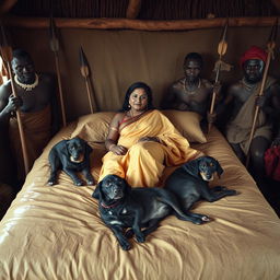 A dusky Indian woman wearing a saree, reclining on a bed inside an African hut