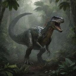 Illustrate a tense image of Dr. Alan Grant, hastily disappearing into the dense jungle of Isla Sorna, barely escaping the pursuing Spinosaurus. The dimly lit, untamed environment underscores the perilous adventure awaiting him.