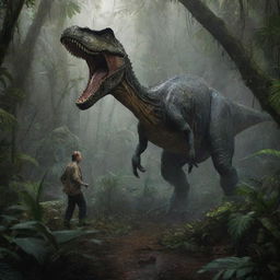 Illustrate a tense image of Dr. Alan Grant, hastily disappearing into the dense jungle of Isla Sorna, barely escaping the pursuing Spinosaurus. The dimly lit, untamed environment underscores the perilous adventure awaiting him.