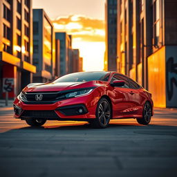 A striking red Honda Civic EJ-1 coupe displayed in a stylish urban environment during sunset