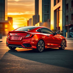 A striking red Honda Civic EJ-1 coupe displayed in a stylish urban environment during sunset