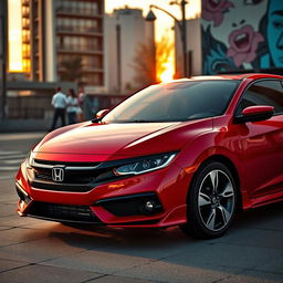 A striking red Honda Civic EJ-1 coupe displayed in a stylish urban environment during sunset